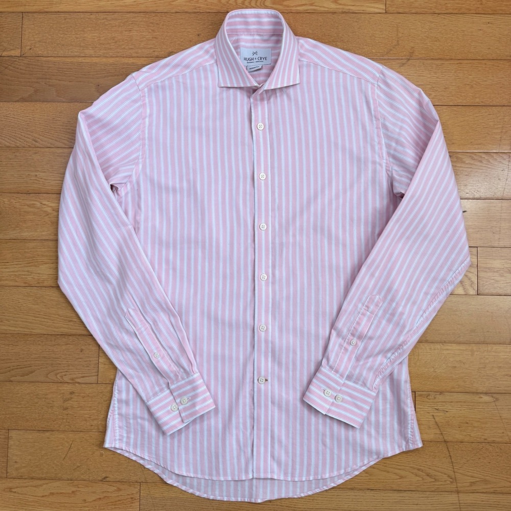 HUGH & CRYE Pink White Stripe Slim Fit Large Dress Shirt Cotton